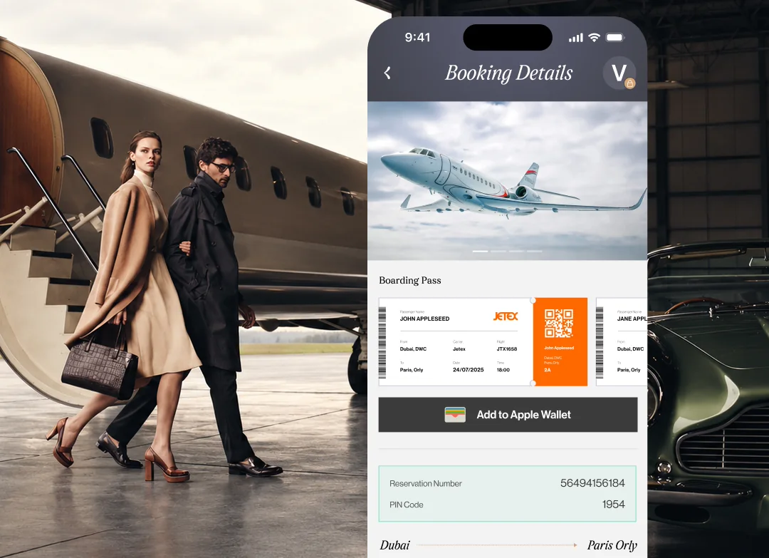 Couple leaving a private jet next to the Verati booking details screen