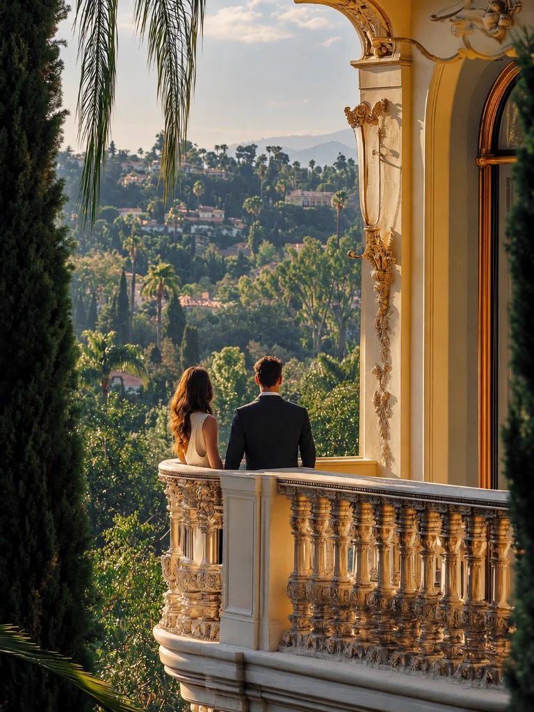 Couple on a balcony overlooking the hills